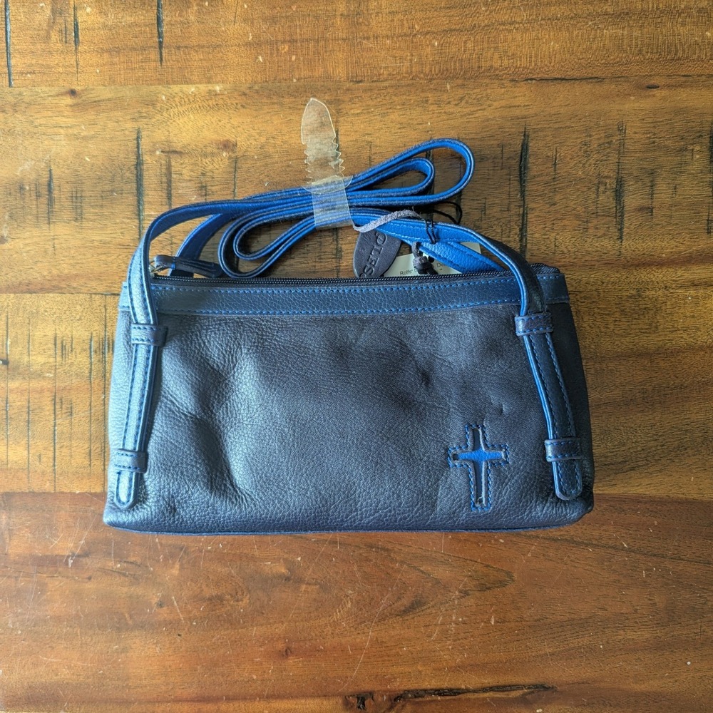 Vtg Deadstock 90s Rolfs Crossbody Bag Navy Blue Genuine Leather Cross Religious
